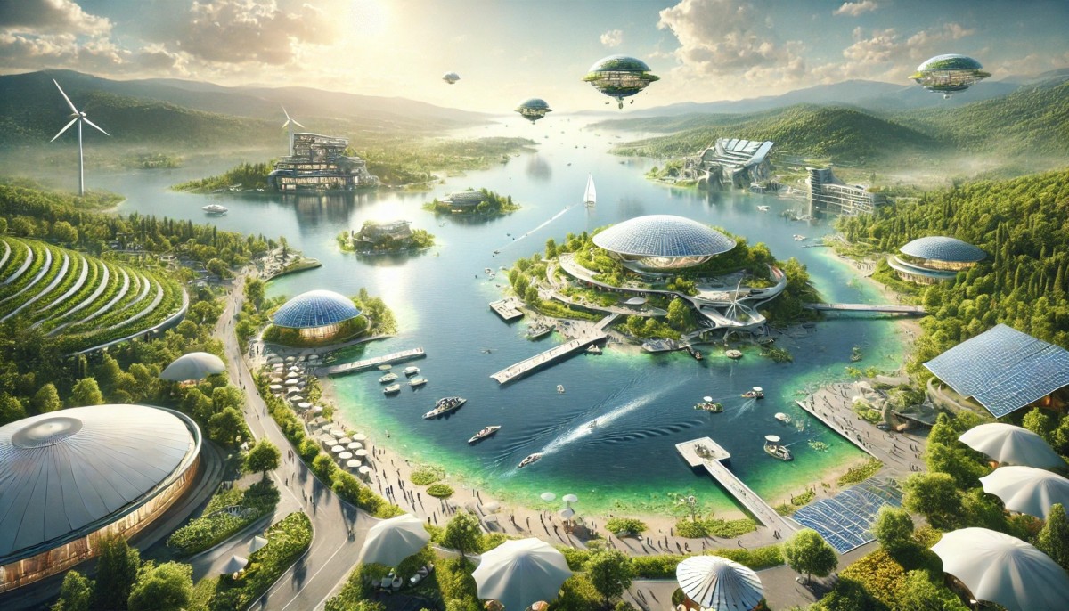 Lake Trichonida in Greece in the year 2100. The scene includes a serene expansive lake surrounded by lush greenery and futu