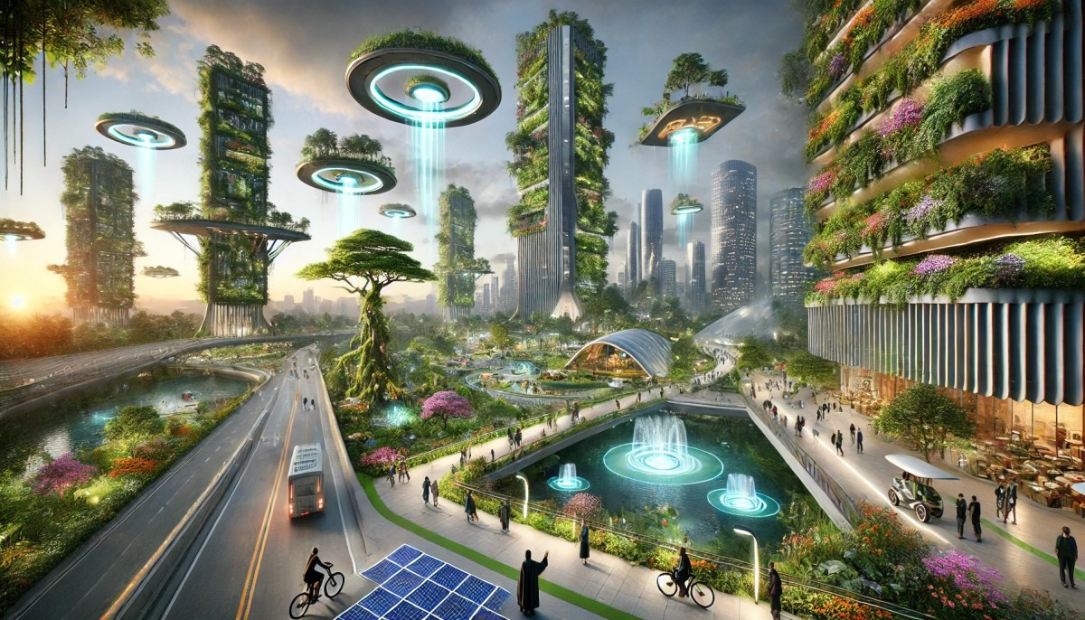 Papastratio Public Park in Agrinio Greece set in the year 2100. The park features advanced ecological technology with toweri