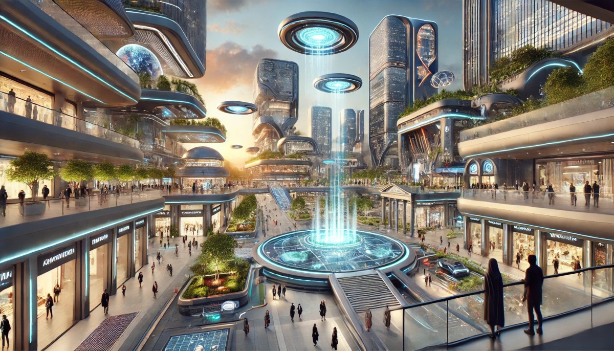 central square of Agrinio Greece in the year 2100. The scene features advanced architecture blending traditional