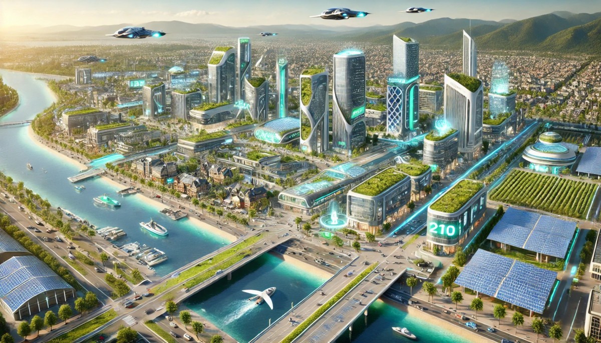 the city of Agrinio Greece in the year 2100. The city features advanced architecture with sleek skyscrapers green rooftop