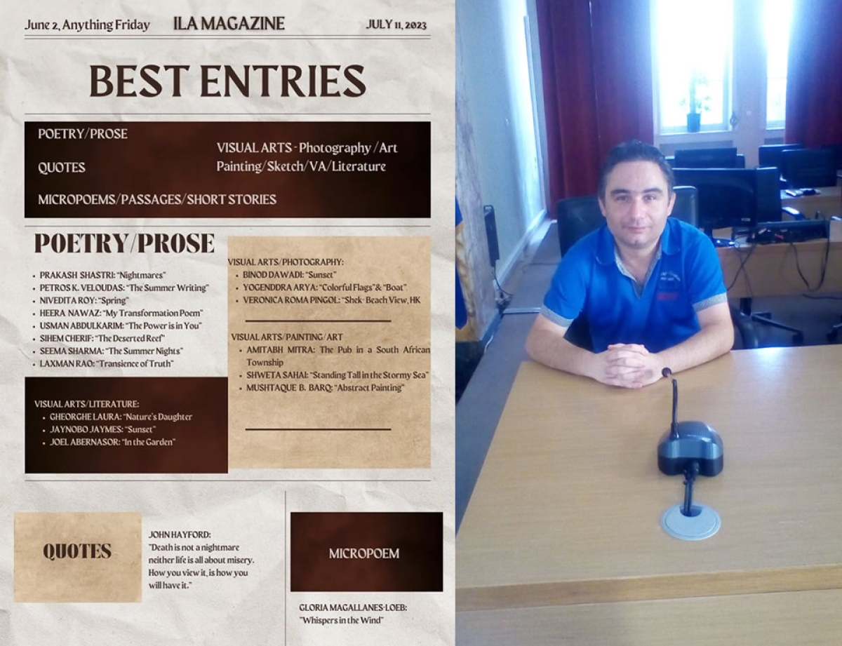 Το Διεθνές Ηλεκτρονικό Περιοδικό Λογοτεχνίας &quot;ILA MAGAZINE&quot; στο τεύχος Ιουλίου βράβευσε ποίημα του Έλληνα Αγρινιώτη Ποιητή Πέτρου Κ. Βελούδα