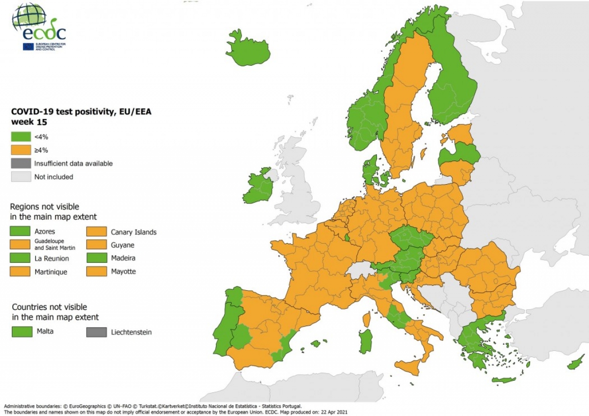 Χάρτες ECDC: Στο «πράσινο» η Ελλάδα στον δείκτη θετικότητας